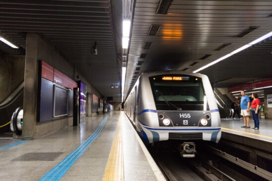 Sao Paulo, Brazil, July 27, 2019 - People waiting to board at Republica Metro (Subway) Station in Sao Paulo Downtown