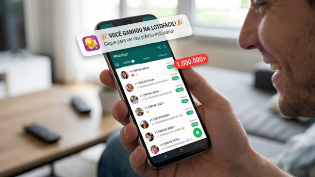 A imagem apresenta um homem sorridente em primeiro plano, segurando um smartphone que exibe uma situação inusitada e humorística. Na tela do aparelho, destaca-se uma notificação festiva com o aviso: "VOCÊ GANHOU NA LOTOFÁCIL!", acompanhada por um emoji de celebração e o texto incentivando o clique para ver o prêmio. Abaixo da notificação, a interface do WhatsApp revela um cenário caótico de popularidade repentina: um marcador vermelho indica que o usuário possui mais de 1.000.000 de conversas não lidas. A lista de chats mostra diversas mensagens recebidas simultaneamente de diferentes contatos, simbolizando o interesse imediato que o prêmio milionário despertou em outras pessoas. O homem observa a tela com uma expressão de satisfação e alegria, enquanto o fundo da imagem mostra um ambiente doméstico desfocado, mantendo o foco total na interação dele com o celular e na ironia da situação.