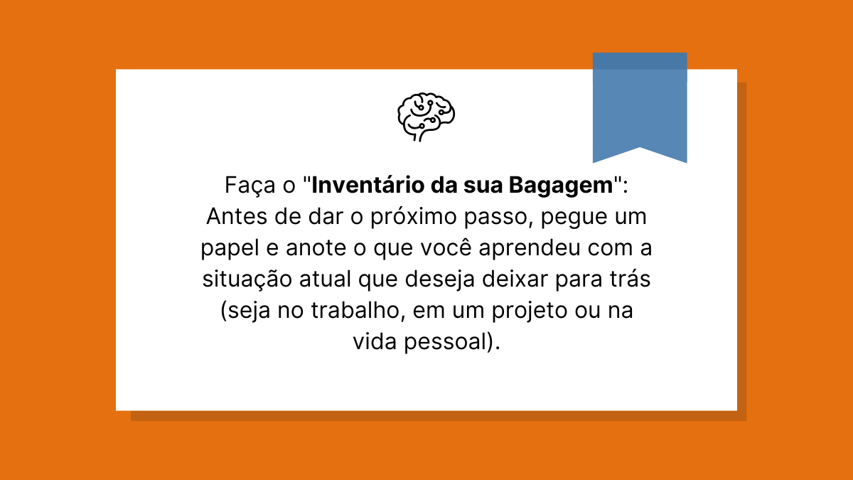 Card com fundo laranja e centro branco exibindo um ícone de cérebro com circuitos e o texto "Faça o 'Inventário da sua Bagagem'..." sobre aprendizados.