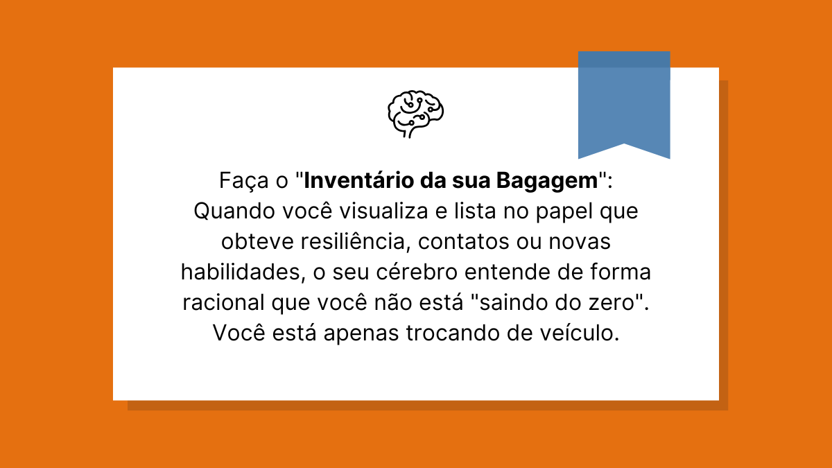 Card com fundo laranja e branco explicando como o cérebro processa a resiliência e novas habilidades ao listá-las no papel.