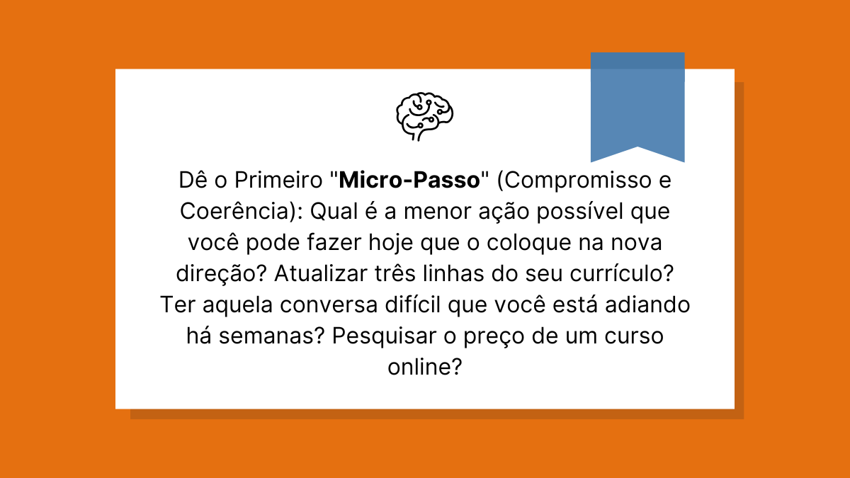 Card com fundo laranja e branco listando perguntas práticas com exemplos de micro-passos, como atualizar o currículo ou pesquisar um curso.