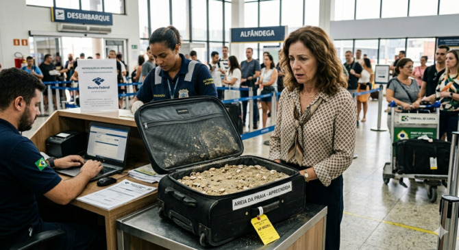 Imagem gerada por IA que mostra uma mulher sendo preso por carregar areia da praia na mala