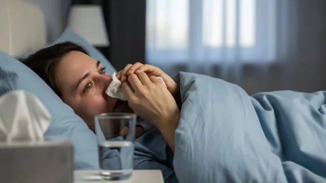 A imagem mostra uma pessoa com gripe