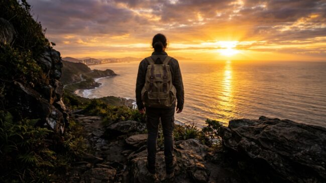 Pessoa com mochila de costas observando o nascer do sol no mar, representando a evolução de recomeçar um novo caminho.