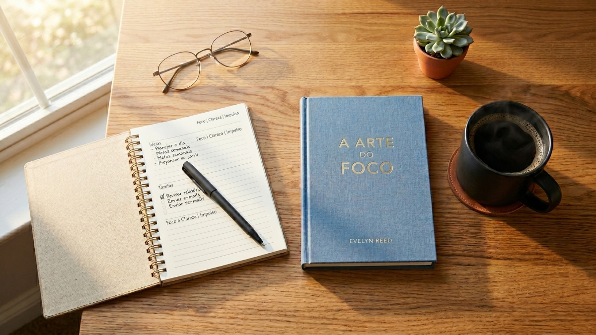 Fotografia em ângulo superior de uma mesa de madeira iluminada pela luz do sol com um caderno de planejamento aberto, uma caneta preta, óculos de grau, um vaso com suculenta, uma caneca de café e um livro azul intitulado A Arte do Foco
