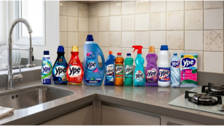 Originalmente, a imagem apresenta uma montagem fotográfica que exibe uma linha completa de produtos de limpeza da marca Ypê sobre uma bancada de cozinha moderna. Os itens aparecem organizados em uma pia de granito cinza em formato de "L", cercada por azulejos claros e elementos como uma torneira gourmet metálica e um cooktop. Nesse sentido, a composição destaca uma grande variedade de frascos, incluindo amaciantes, lava-roupas líquidos, detergentes e desinfetantes, todos posicionados lado a lado sob uma iluminação que realça os logotipos e as cores vibrantes das embalagens. Além disso, o efeito de reflexo na superfície polida da pedra reforça o aspecto de limpeza e organização do ambiente, tornando a cena ideal para ilustrar guias de consumo ou alertas de utilidade pública.