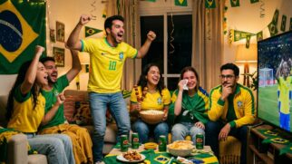 Grupo de amigos torcendo pela Seleção Brasileira na sala de casa com reações diferentes, ilustrando o torcedor de cada signo na Copa