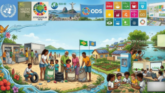 A imagem é uma ilustração panorâmica e colorida que simboliza o conceito "Agir Local, Pensar Global". A composição é dividida em várias cenas integradas que mostram ações comunitárias e referências históricas ao movimento ambientalista. Parte Central e Inferior (Ações Locais) No centro da imagem, em uma praia, um grupo diversificado de pessoas — incluindo crianças, jovens e idosos — realiza a coleta seletiva de resíduos. Eles colocam garrafas plásticas e outros descartes em grandes sacos de lixo. Além disso, à esquerda, há uma cooperativa de reciclagem onde trabalhadores organizam materiais em caixas metálicas. À direita, a cena transita para uma área urbana sustentável com casas equipadas com painéis solares e uma horta comunitária vibrante. Dessa forma, a imagem conecta a preservação dos oceanos com a gestão de recursos nas cidades. No canto inferior direito, crianças participam de uma atividade de educação ambiental, observando tartarugas marinhas e vegetação com lupas, enquanto jovens estudam em computadores ao fundo. Parte Superior (Linha do Tempo e Simbolismos) O topo da imagem funciona como um cabeçalho visual com diversos logotipos e ícones que representam marcos históricos: Logotipos Institucionais: À esquerda, o símbolo da ONU e referências a Estocolmo 1972 e à obra "Primavera Silenciosa". Eventos Globais: No centro, uma vista do Rio de Janeiro (Cristo Redentor e Pão de Açúcar) representando a Eco-92, seguida por uma bandeira que faz alusão à COP-30. Agenda 2030: À direita, um quadro exibe os ícones coloridos dos 17 Objetivos de Desenvolvimento Sustentável (ODS) da ONU. Nesse sentido, a ilustração utiliza uma paleta de cores vivas e elementos da natureza, como flores tropicais, tartarugas e um rio que flui do canto esquerdo. Portanto, o conjunto visual traduz a interdependência entre as decisões globais da diplomacia e as práticas cotidianas de cidadania ambiental.