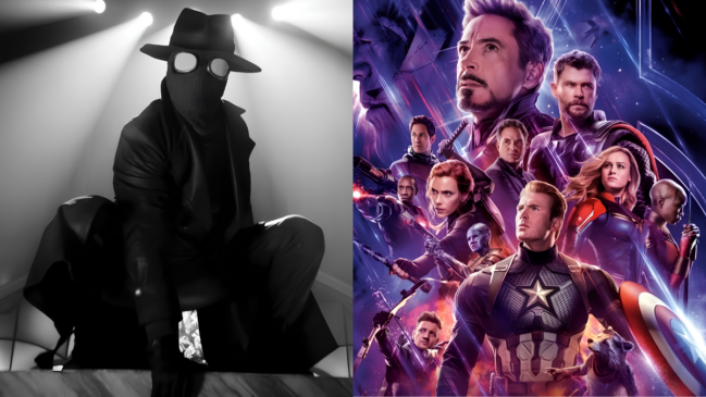 Do lado esquerdo, a cena é inteiramente em preto e branco. O herói Spider-Noir aparece agachado em uma pose dramática sobre uma estrutura que lembra o topo de um prédio. Ele veste seu traje característico composto por uma máscara de tecido escuro com grandes lentes oculares brancas e redondas, um chapéu de feltro estilo fedora de abas largas, luvas e um sobretudo longo e escuro que se espalha ao seu redor. Três feixes de luz verticais e intensos iluminam o personagem vindos de cima, criando um forte efeito de sombra e mistério típico do gênero noir. Do lado direito, a imagem ganha cores vibrantes e exibe o pôster oficial do filme "Vingadores: Ultimato", com uma paleta dominada por tons de roxo, azul e vermelho neon. Diversos super-heróis aparecem agrupados e olhando firmemente em direção ao horizonte. Em destaque, na parte inferior central, está o Capitão América vestindo seu traje clássico com a estrela no peito e segurando seu escudo redondo. Acima dele, o Homem de Ferro surge em tamanho maior, olhando para o lado. O cartaz ainda reúne personagens marcantes como Thor, Viúva Negra, Ronin (Gavião Arqueiro), Máquina de Combate, Homem-Formiga, Nebulosa, Rocket Raccoon, Capitã Marvel e Okoye.