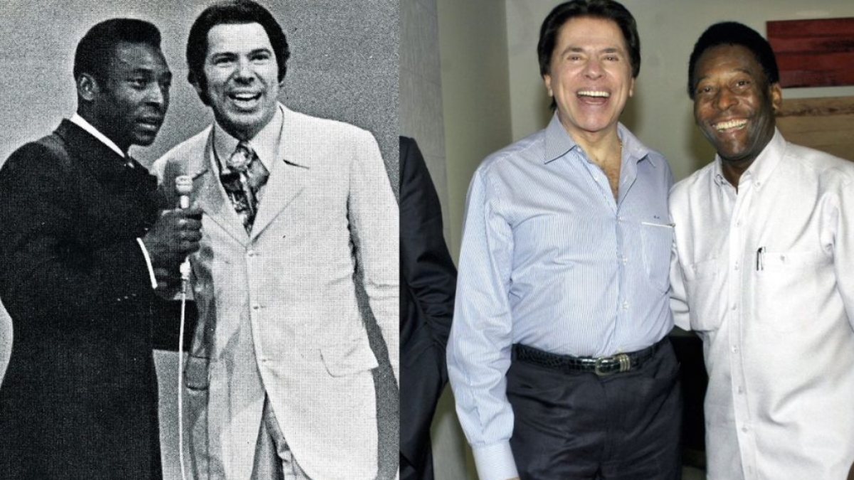 Montagem fotográfica dividida verticalmente exibindo dois momentos distintos entre o apresentador Silvio Santos e o ex-jogador Pelé, trazendo uma imagem antiga em preto e branco no lado esquerdo e uma fotografia colorida mais recente no lado direito
