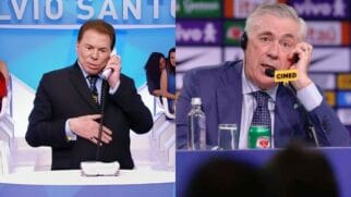 Montagem fotográfica dividida verticalmente mostrando o apresentador Silvio Santos no lado esquerdo falando ao telefone em seu cenário de televisão e o técnico Carlo Ancelotti no lado direito concedendo entrevista coletiva com fone de ouvido e microfone