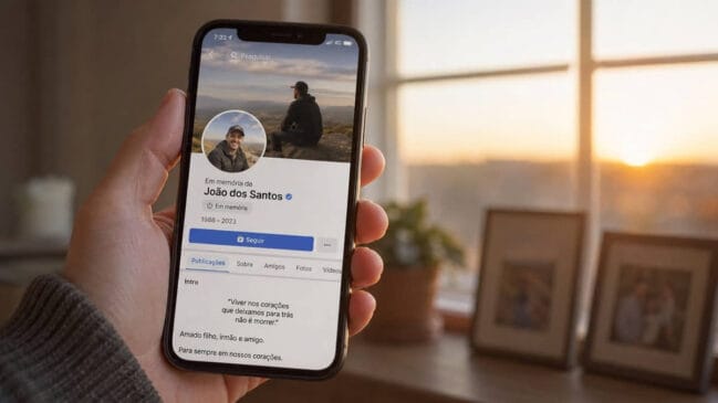 Tela de celular mostra perfil no Facebook "em memória" e com espaço para recados de familiares e amigos