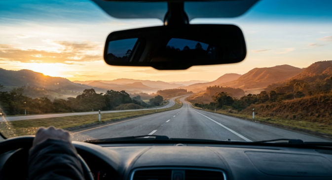 Vista de dentro de um carro focando a estrada à frente pelo para-brisa durante o amanhecer, com o retrovisor desfocado