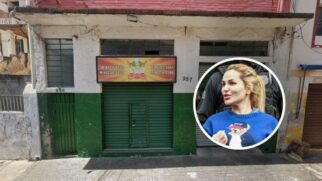 Montagem com a fachada de uma pizzaria de bairro com a foto de Deolane Bezerra