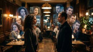 Fotografia conceitual em estilo cinematográfico ambientada no interior de um café acolhedor com iluminação quente. No centro, um homem e uma mulher estão parados, de perfil, encarando-se seriamente, em um início de relacionamento. De ambos os lados, diversas figuras translúcidas e fantasmagóricas deles mesmos emanam de seus corpos, sobrepondo-se no espaço. Essas 'sombras' apresentam diferentes expressões faciais e posturas — algumas sorridentes, outras introspectivas ou sérias — simbolizando as múltiplas camadas da personalidade e as máscaras sociais em um encontro