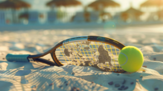 Uma imagem colorida na horizontal e em plano detalhado mostra equipamentos esportivos na areia de uma praia ensolarada. Na imagem, uma raquete de Beach Tennis ou tênis convencional aparece deitada de lado, parcialmente afundada em pequenas ondulações de areia clara. A raquete tem uma estrutura nas cores preta e bronze metálico, com o cabo revestido por uma fita protetora azul-clara voltada para a esquerda. Suas cordas são amarelas e exibem algumas manchas escuras de areia molhada grudadas no centro. Uma bola de tênis verde-limão brilhante está apoiada contra a lateral direita do aro da raquete, destacando-se na composição. O plano de fundo está fortemente desfocado por um efeito de profundidade de campo, mas revela silhuetas borradas de quiosques ou guarda-sóis de palha sob a luz dourada do sol, sugerindo um clima quente de fim de tarde na praia.