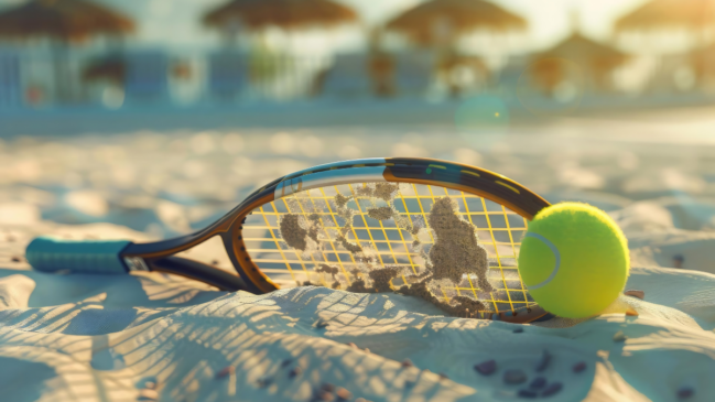 Uma imagem colorida na horizontal e em plano detalhado mostra equipamentos esportivos na areia de uma praia ensolarada. Na imagem, uma raquete de Beach Tennis ou tênis convencional aparece deitada de lado, parcialmente afundada em pequenas ondulações de areia clara. A raquete tem uma estrutura nas cores preta e bronze metálico, com o cabo revestido por uma fita protetora azul-clara voltada para a esquerda. Suas cordas são amarelas e exibem algumas manchas escuras de areia molhada grudadas no centro. Uma bola de tênis verde-limão brilhante está apoiada contra a lateral direita do aro da raquete, destacando-se na composição. O plano de fundo está fortemente desfocado por um efeito de profundidade de campo, mas revela silhuetas borradas de quiosques ou guarda-sóis de palha sob a luz dourada do sol, sugerindo um clima quente de fim de tarde na praia.