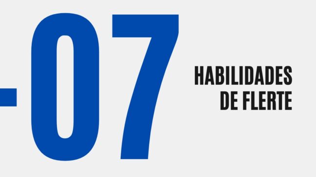Card com fundo cinza apresentando o número indicador "-07" em azul escuro e o texto em preto "Habilidades de Flerte".