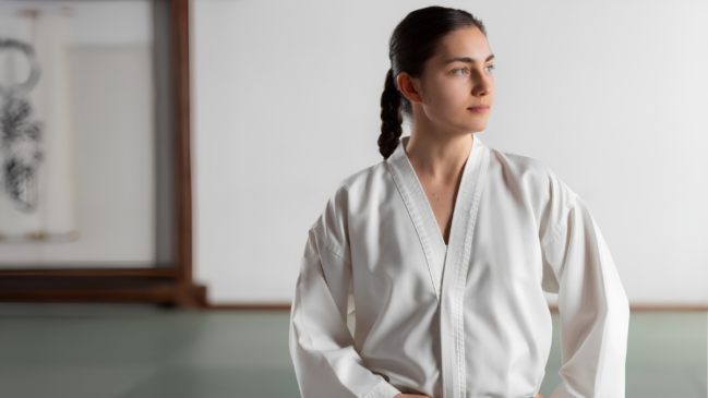 A imagem mostra, em plano médio e centralizada ligeiramente à direita, uma jovem mulher praticante de artes marciais, vestindo um kimono branco impecável. Ela está de pé, posicionada da cintura para cima, e olha fixamente para o lado direito da foto com uma expressão serena e focada. A mulher tem pele clara, olhos azuis ou esverdeados e cabelos castanho-escuros compridos, que estão firmemente presos em uma trança longa caída sobre o ombro direito. O kimono (ou dogi) tem gola em formato de "V" sobreposta e mangas largas. O cenário ao fundo é um dojô ou sala de treino com estética minimalista e iluminação suave. O chão é coberto por tatames em tom esverdeado claro. Ao fundo, há uma parede branca e, no canto esquerdo, destaca-se uma estrutura de madeira escura com um quadro ou pergaminho japonês pendurado, com artes em caligrafia preta desfocadas. Toda a área de fundo possui um efeito de desfoque acentuado (bokeh), o que dá profundidade à imagem e destaca a atleta em primeiro plano.