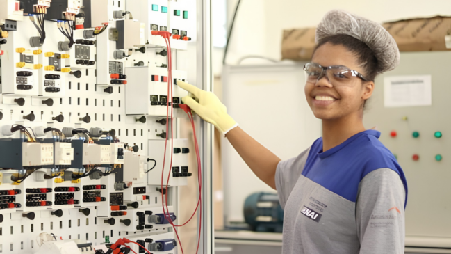 A imagem é uma fotografia em plano médio que mostra uma jovem estudante em um laboratório ou oficina prática de eletricidade industrial. Detalhes da Personagem À direita da composição, uma jovem sorri em direção à câmera. Ela tem a pele negra, cabelos escuros presos sob uma touca descartável de cor cinza-claro, e usa óculos de proteção transparentes. Ela veste uma camiseta de uniforme nas cores cinza e azul-escuro, onde é possível ver o logotipo do Senai estampado na altura do peito. Com a mão esquerda vestindo uma luva de proteção amarela, ela aponta ou manipula um componente em um painel elétrico. Elementos do Cenário À esquerda, há um grande painel de comando elétrico vertical de fundo branco, repleto de componentes técnicos fixados, como contatores, disjuntores, relés e fiações organizadas. Cabos de teste na cor vermelha estão conectados a alguns desses dispositivos, estendendo-se pelo painel. O fundo da imagem está ligeiramente desfocado, revelando um ambiente industrial ou de aprendizado técnico, com uma caixa de papelão em uma prateleira alta e um painel com luzes indicadoras (verdes e vermelhas) mais ao fundo, mantendo o foco principal na estudante e na atividade prática.