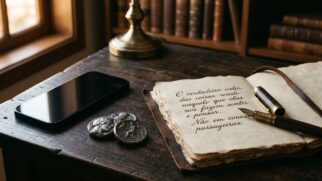 Moedas antigas ao lado de um smartphone e um caderno em uma mesa, ilustrando a filosofia de Sócrates sobre o valor da amizade