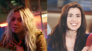 Imagem colorida dividida verticalmente em duas partes iguais, mostrando o rosto de duas atrizes em momentos distintos. Lado esquerdo: A imagem mostra a atriz Milly Alcock caracterizada como Supergirl em uma cena de filme. Ela está de perfil três quartos, virada para a esquerda, com o corpo levemente inclinado para a frente. Seus cabelos são longos, loiros e desgrenhados, com fios desalinhados caídos sobre o rosto. Ela tem uma expressão sonolenta, com os olhos semicerrados e um sorriso levemente desalinhado nos lábios, sugerindo um estado de embriaguez. Ela veste uma jaqueta marrom clara sobre uma camiseta escura. O fundo da cena é escuro e desfocado, com luzes neon avermelhadas e amareladas verticais, remetendo ao ambiente interno de um bar ou boate. Lado direito: A imagem mostra a atriz brasileira Fernanda Torres em um plano médio fechado. Ela está de frente, sorrindo amplamente e mostrando os dentes superiores. Seus cabelos são castanhos escuros, longos e lisos, emoldurando o rosto. Ela tem uma expressão facial muito expressiva, com os olhos bem abertos e fixos à frente. Ela veste uma blusa azul-escura de decote em "V". O fundo é claro, mas totalmente desfocado, destacando apenas a fisionomia alegre da atriz.