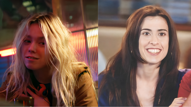Imagem colorida dividida verticalmente em duas partes iguais, mostrando o rosto de duas atrizes em momentos distintos. Lado esquerdo: A imagem mostra a atriz Milly Alcock caracterizada como Supergirl em uma cena de filme. Ela está de perfil três quartos, virada para a esquerda, com o corpo levemente inclinado para a frente. Seus cabelos são longos, loiros e desgrenhados, com fios desalinhados caídos sobre o rosto. Ela tem uma expressão sonolenta, com os olhos semicerrados e um sorriso levemente desalinhado nos lábios, sugerindo um estado de embriaguez. Ela veste uma jaqueta marrom clara sobre uma camiseta escura. O fundo da cena é escuro e desfocado, com luzes neon avermelhadas e amareladas verticais, remetendo ao ambiente interno de um bar ou boate. Lado direito: A imagem mostra a atriz brasileira Fernanda Torres em um plano médio fechado. Ela está de frente, sorrindo amplamente e mostrando os dentes superiores. Seus cabelos são castanhos escuros, longos e lisos, emoldurando o rosto. Ela tem uma expressão facial muito expressiva, com os olhos bem abertos e fixos à frente. Ela veste uma blusa azul-escura de decote em "V". O fundo é claro, mas totalmente desfocado, destacando apenas a fisionomia alegre da atriz.