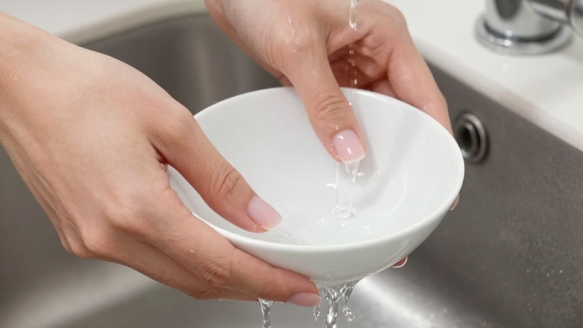 Mãos seguram uma cumbuca, enquanto lavam louça
