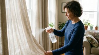 Mulher borrifando composto de vodka em cortinas da sala