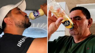 Montagem com registros de dois homens bebendo detergente Ypê