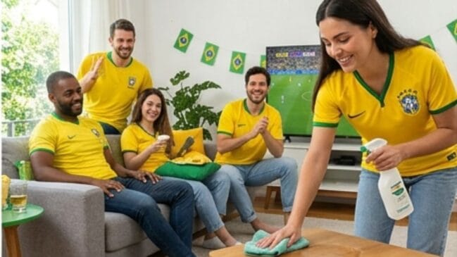 Higienização profunda: O uso de extratoras residenciais antes das partidas remove sujeiras impregnadas e garante o conforto dos convidados na "arquibancada de casa"/IA