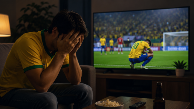 Torcedor com a camisa do Brasil esconde o rosto com as mãos em desespero no sofá de casa assistindo à derrota da Seleção na televisão