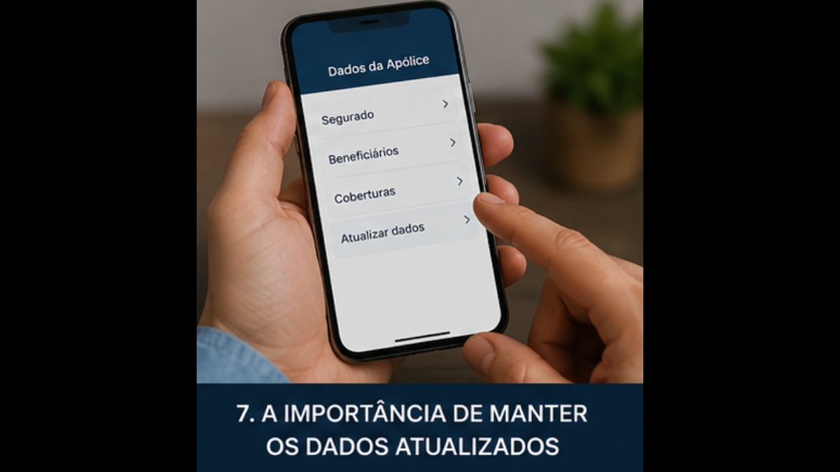 Pessoa utilizando um aplicativo de seguro de vida em um smartphone para atualizar informações da apólice.