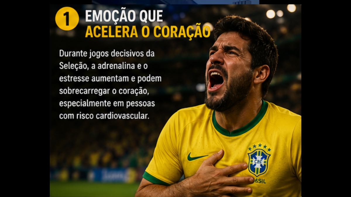 Infográfico com o número 1 em um círculo amarelo e o título "Emoção que acelera o coração". À direita, um homem com a camisa da Seleção Brasileira grita com expressão de forte tensão, segurando o peito com a mão.