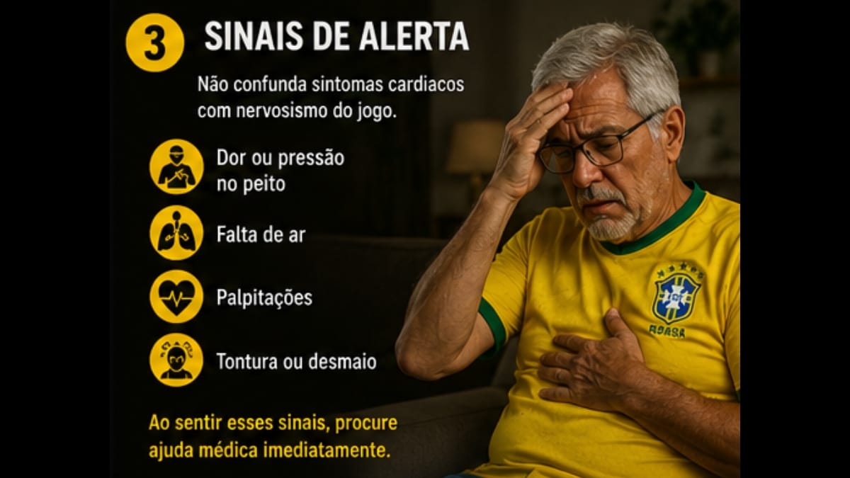Infográfico com o número 3 em um círculo amarelo e o título "Sinais de alerta". À direita, um homem idoso com óculos e camisa do Brasil expressa sofrimento, levando uma mão à testa e a outra ao peito.