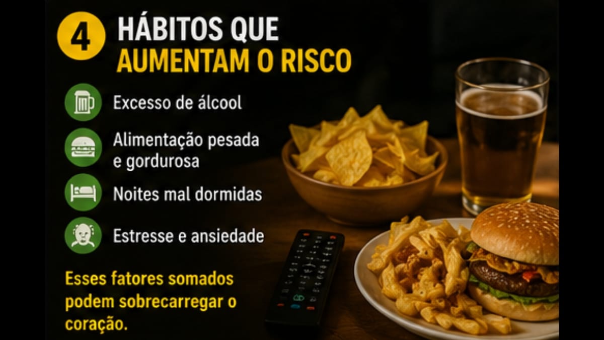 Infográfico com o número 4 em um círculo amarelo e o título "Hábitos que aumentam o risco". Mostra uma mesa com um hambúrguer, batatas fritas, uma tigela de salgadinhos, um copo de cerveja e um controle remoto de TV.