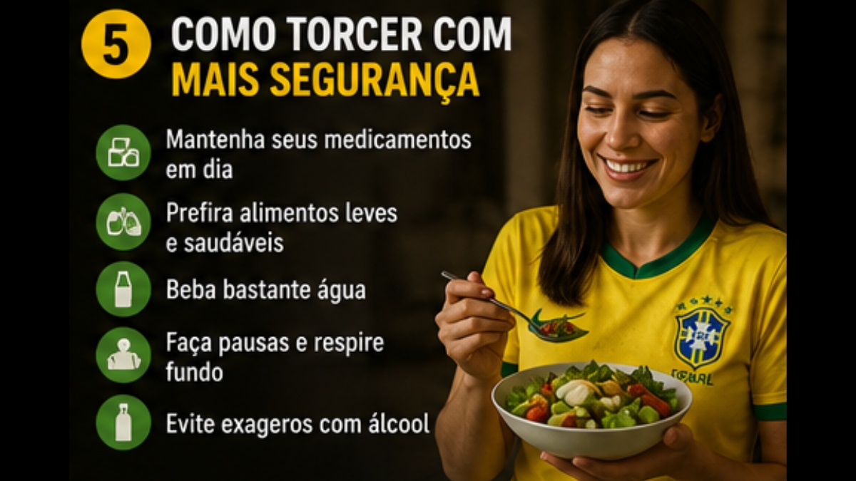 Infográfico com o número 5 em um círculo amarelo e o título "Como torcer com mais segurança". À direita, uma mulher sorridente vestindo a camisa da Seleção consome uma salada colorida em uma tigela branca.