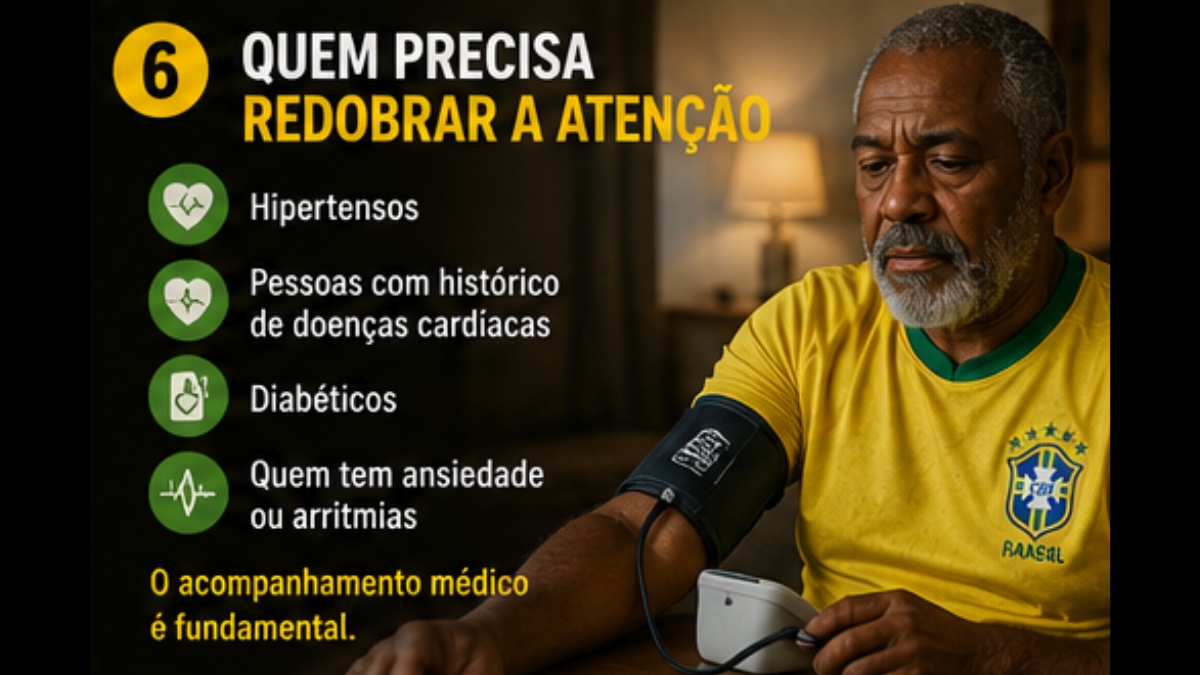 Infográfico com o número 6 em um círculo amarelo e o título "Quem precisa redobrar a atenção". À direita, um homem negro idoso de barba grisalha e camisa do Brasil monitora a própria pressão arterial com um aparelho digital no braço.
