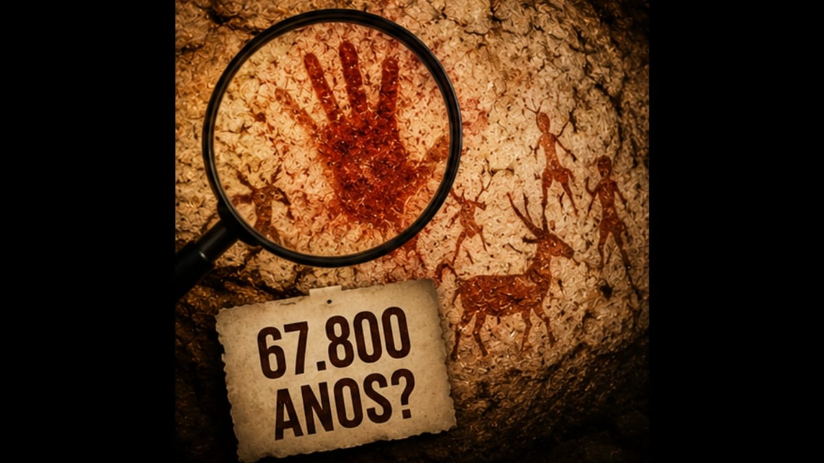 Pintura rupestre com estêncil de mão vermelha observada através de uma lupa em parede de caverna.