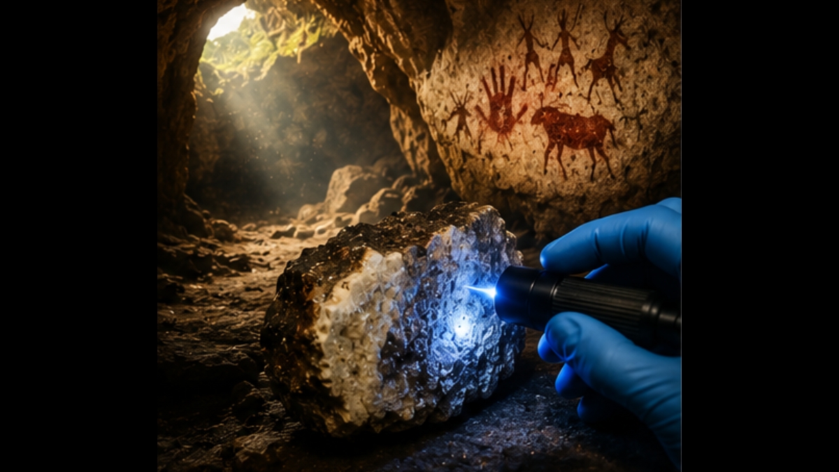 Mão com luva utiliza equipamento luminoso para examinar uma amostra de rocha dentro de uma caverna.