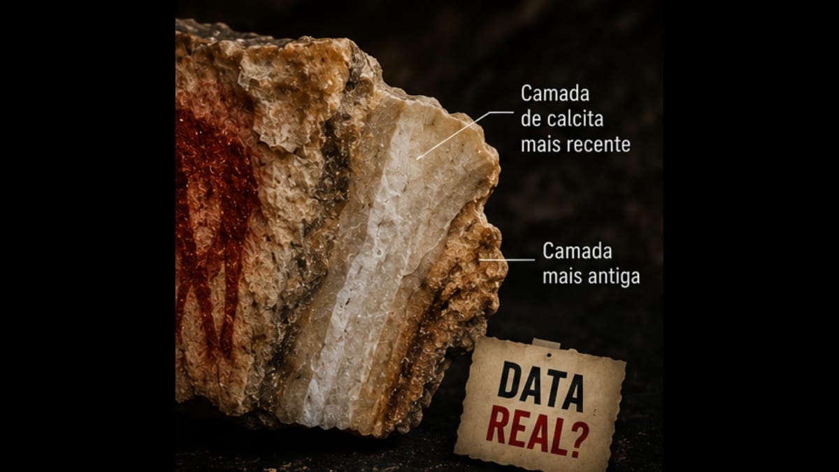 Fragmento de rocha com diferentes camadas de calcita destacadas visualmente.