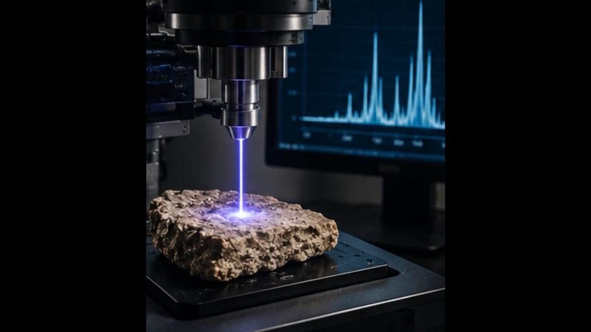 Equipamento científico de laboratório analisando uma amostra mineral com feixe de luz azul.