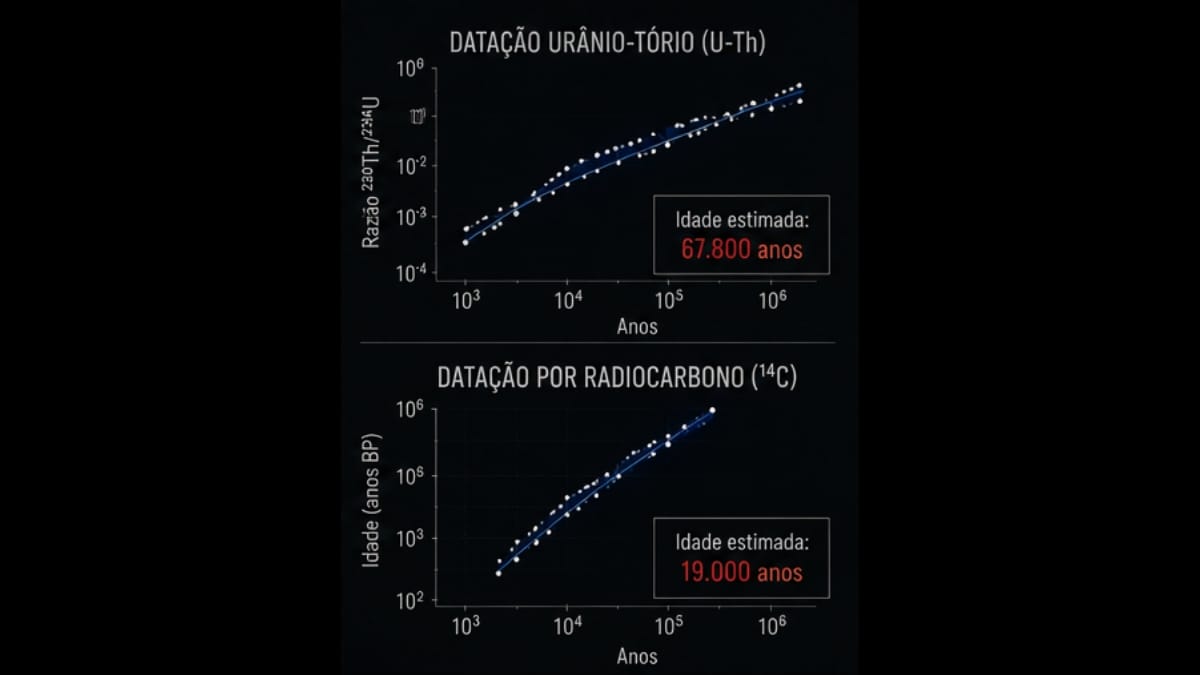 Gráficos comparativos exibem diferentes estimativas de idade para uma mesma pintura rupestre.