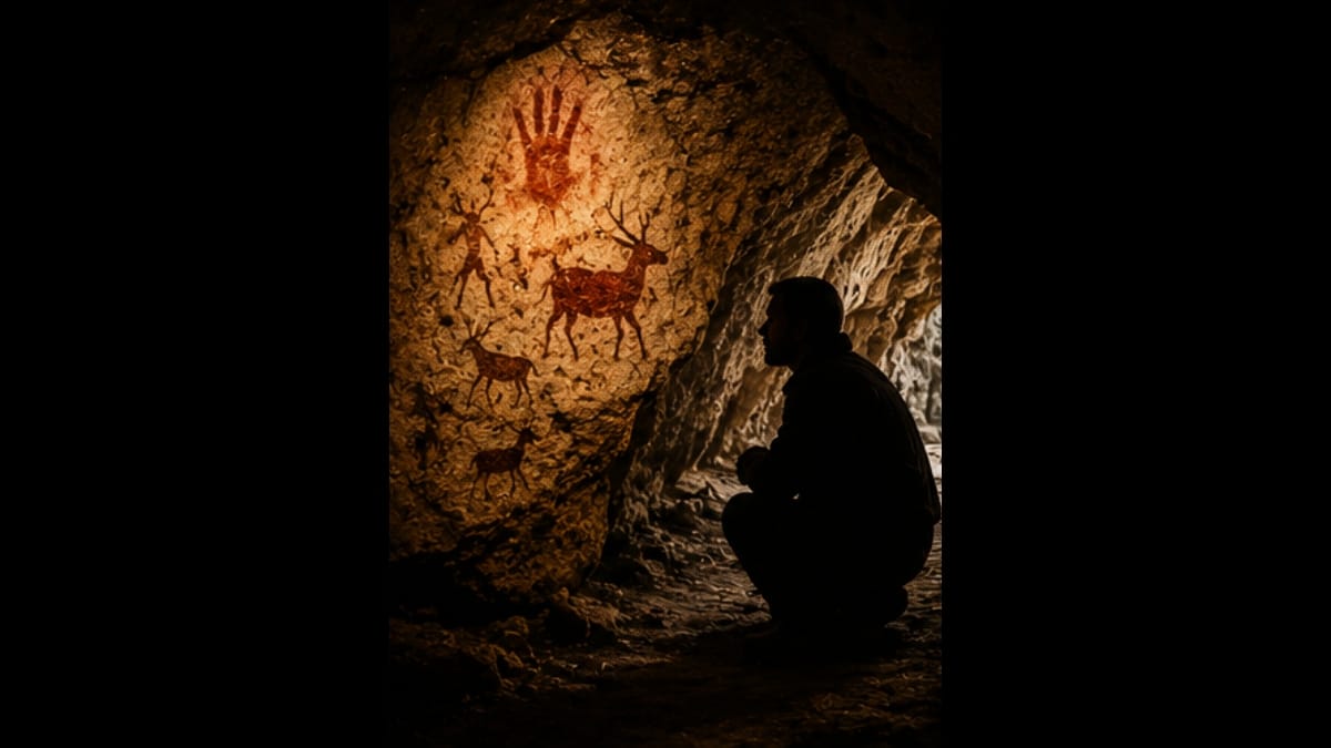 Pessoa observa pinturas rupestres em uma caverna iluminada por luz natural.