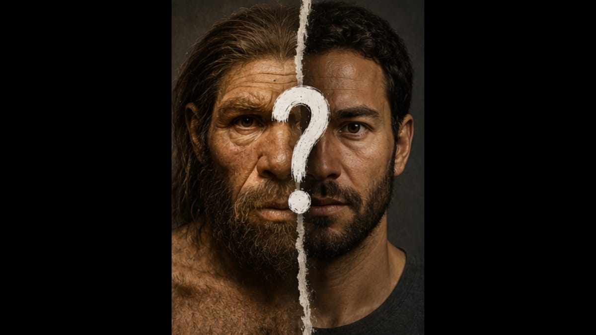 Rosto dividido entre um Neandertal e um humano moderno, separado por um ponto de interrogação.