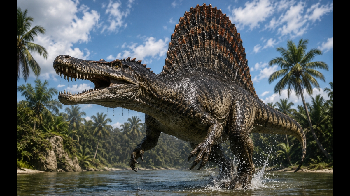 Dinossauro de grande porte com vela nas costas caminha por área alagada cercada por vegetação tropical.