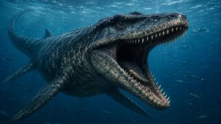 Réptil marinho gigante nada em mar aberto com a boca escancarada e dentes afiados expostos.