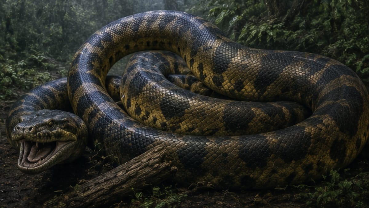 Serpente gigante enrolada em floresta tropical úmida.