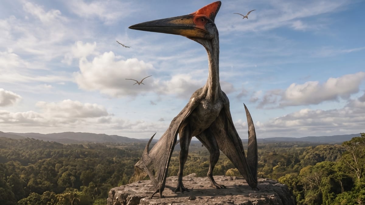 Pterossauro gigante em pé sobre formação rochosa com asas parcialmente abertas.