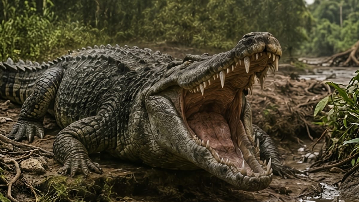 Crocodilo gigante pré-histórico exibe a boca aberta às margens de um rio.